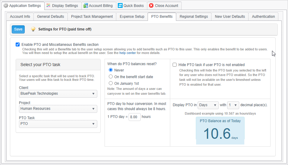 Timogix global PTO settings using fictional BluePeak Technologies data, with tracking task, reset, conversion, and display options